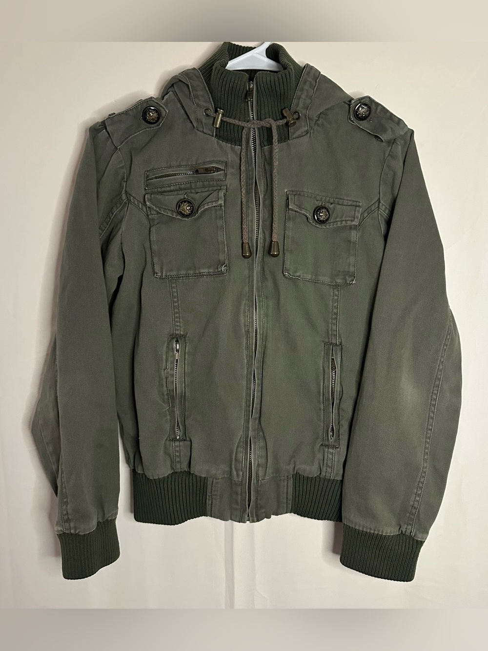 American Vintage Olive Green Zip Up Hooded Military Style Utility Jacket M Y2K